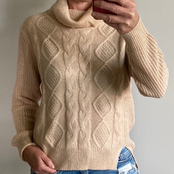 Tan Color Cable Knit Cowlneck Sweater - Picture 4 of 10